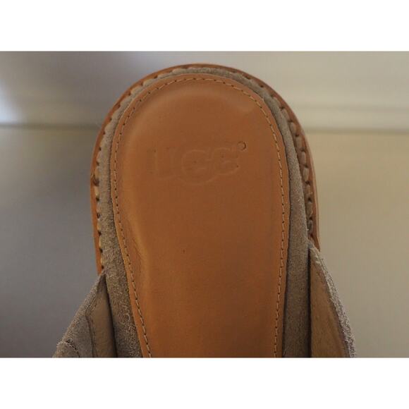 UGG Celia Suede Sandals Women's Sz 8 Stacked 4" Heel Taupe Leather Slide - Picture 3 of 11